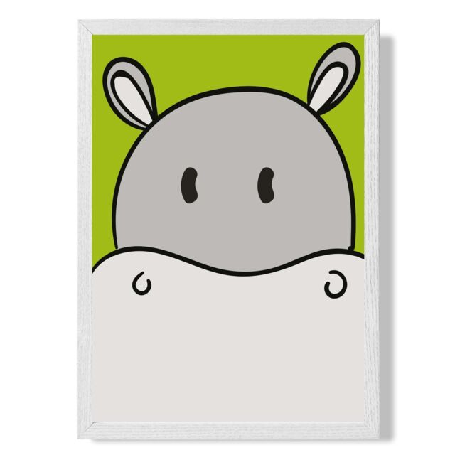 ARTZE Cute Cartoon Style Hippo Face Framed Print SIZE: A3 with White Frame in Grey - Size: A4 - image 1