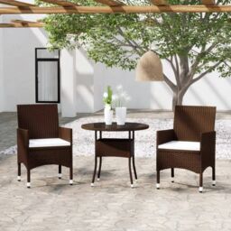 Berkfield Home 3 Piece Garden Bistro Set Poly Rattan & Tempered Glass Brown - thumbnail 1
