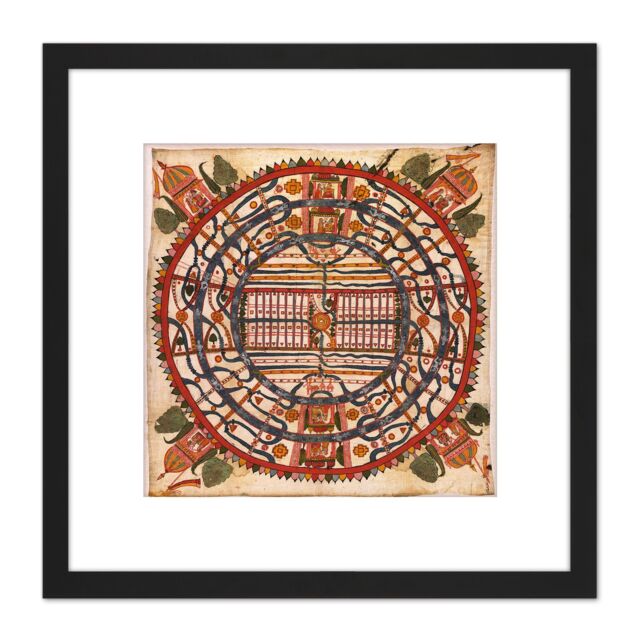 Artery8 Map Antique Cosmology 1890 Rajasthan Jain World Men Replica 8X8 Inch Square Wooden Framed Wall Art Print Picture with Mount in Black - image 1
