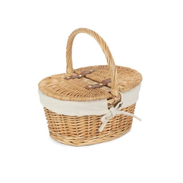 Red Hamper Wicker Child's Oval Lined Lidded Picnic Basket in White - image 1