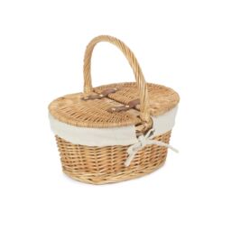 Red Hamper Wicker Child's Oval Lined Lidded Picnic Basket in White