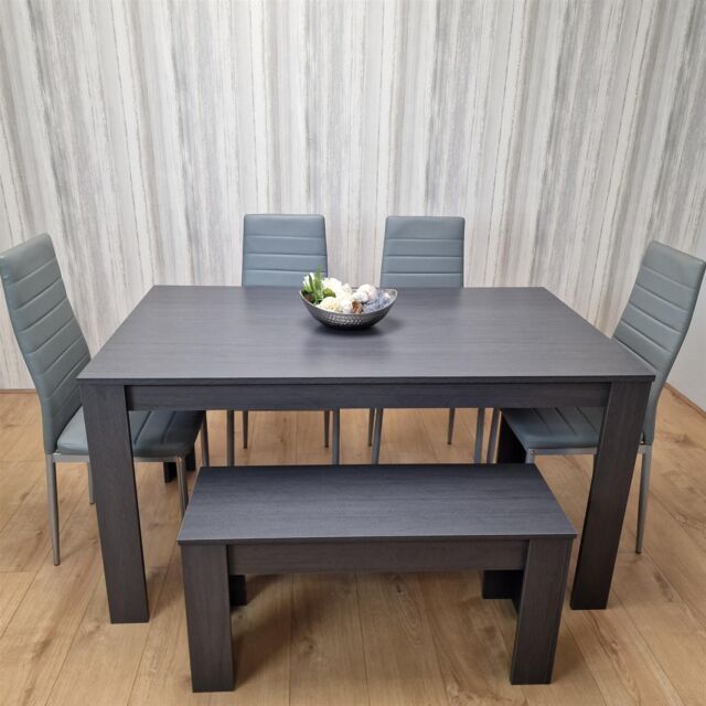 KOSY KOALA Modern Dark Grey Dining Table Set with 4 Grey Metal Chairs & 1 Bench in Brown - image 1