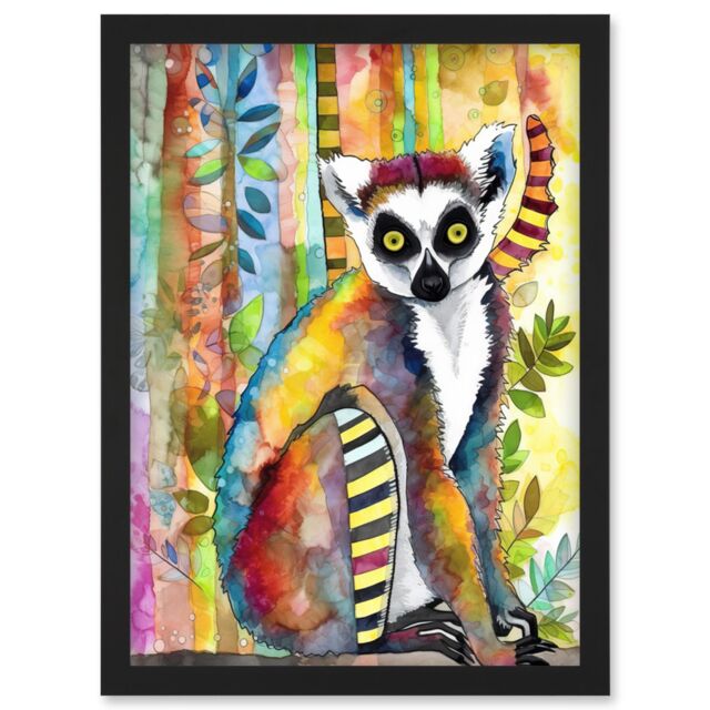 Artery8 Lemur Vibrant Portrait Folk Art Watercolour Painting Artwork Framed Wall Art Print A4 in Black - image 1