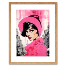 "Artery8 Wall Art Print Vintage Model in Downtown Street Retro Pink Artwork Framed 9X7 Inch in Beige - Size: W7"" x H9""" - thumbnail 1