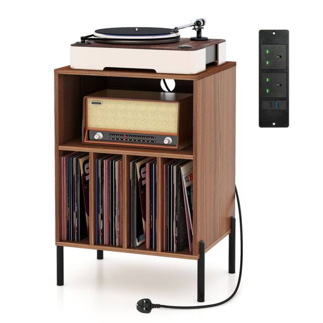 Gymax Record Player Stand Turntable Stand With 5 Compartments Charging Station in Dark Brown - image 1