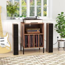 Gymax Record Player Stand Turntable Stand With 5 Compartments Charging Station in Dark Brown - thumbnail 2