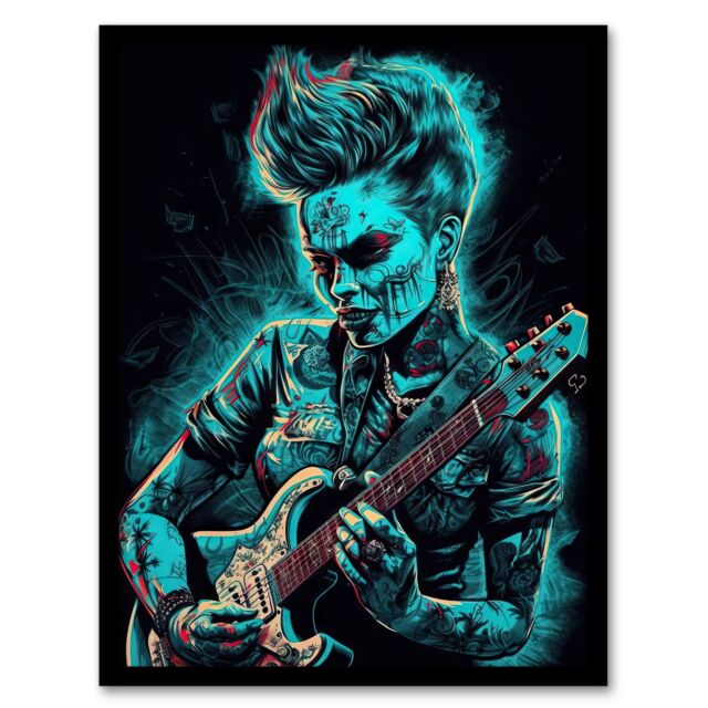 Artery8 Wall Art Print Psychobilly Music Electric Blue Artwork Rockabilly Punk Rock Guitarist With Tattoos Portrait Art Framed - Size: A4 - image 1