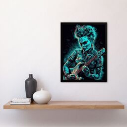 Artery8 Wall Art Print Psychobilly Music Electric Blue Artwork Rockabilly Punk Rock Guitarist With Tattoos Portrait Art Framed - Size: A4 - thumbnail 4