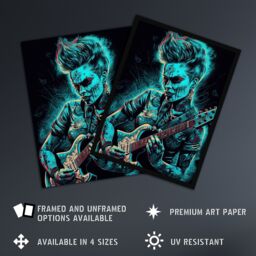 Artery8 Wall Art Print Psychobilly Music Electric Blue Artwork Rockabilly Punk Rock Guitarist With Tattoos Portrait Art Framed - Size: A4 - thumbnail 2