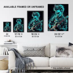 Artery8 Wall Art Print Psychobilly Music Electric Blue Artwork Rockabilly Punk Rock Guitarist With Tattoos Portrait Art Framed - Size: A4 - thumbnail 3