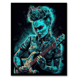 Artery8 Wall Art Print Psychobilly Music Electric Blue Artwork Rockabilly Punk Rock Guitarist With Tattoos Portrait Art Framed - Size: A4 - thumbnail 1