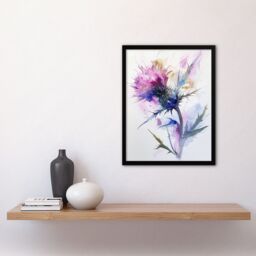 "Artery8 Thistle Flower Bloom Soft Watercolour Painting Framed Wall Art in Purple - Size: W12"" x H16""" - thumbnail 4