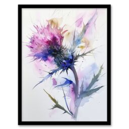 "Artery8 Thistle Flower Bloom Soft Watercolour Painting Framed Wall Art in Purple - Size: W12"" x H16""" - thumbnail 1