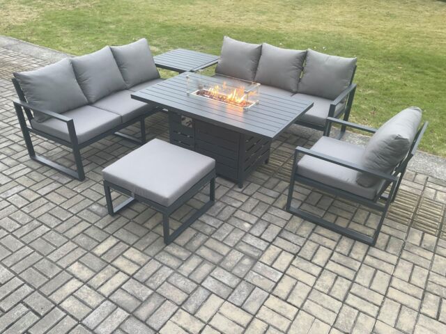Fimous Aluminium 6 Pieces Garden Furniture Sofa Set with Cushions 8 Seater Gas Fire Pit Dining Table Set with Side Table Big Footstool in Dark Grey - image 1