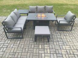 Fimous Aluminium 6 Pieces Garden Furniture Sofa Set with Cushions 8 Seater Gas Fire Pit Dining Table Set with Side Table Big Footstool in Dark Grey - thumbnail 2
