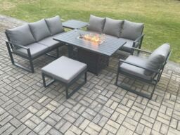 Fimous Aluminium 6 Pieces Garden Furniture Sofa Set with Cushions 8 Seater Gas Fire Pit Dining Table Set with Side Table Big Footstool in Dark Grey - thumbnail 1