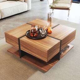 BTM Coffee Table with 4 Drawers, Unique Design & Bottom Storage in Natural - thumbnail 8