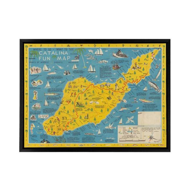 "Artery8 Ramsey 1947 Santa Catalina Island Fun Map Framed Canvas Wall Art Print in Blue - Size: W18"" x H24""" - image 1