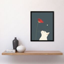 "Artery8 White Cat with Rose Butterfly Artwork Simple Cute Framed Art Print in Grey - Size: W12"" x H16""" - thumbnail 4