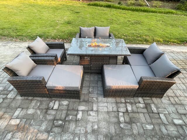 Fimous 8 Seater Rattan Garden Furniture Set Outdoor Lounge Sofa Chair Gas Fire Pit Dining Table Set With 2 Big Footstool Double Seat Sofa Armchiar