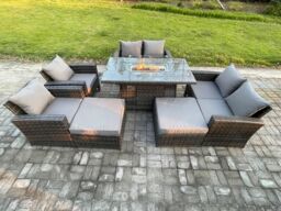 Fimous 8 Seater Rattan Garden Furniture Set Outdoor Lounge Sofa Chair Gas Fire Pit Dining Table Set With 2 Big Footstool Double Seat Sofa Armchiar - thumbnail 1