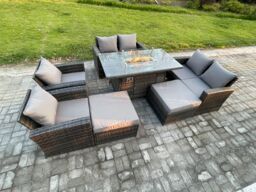 Fimous 8 Seater Rattan Garden Furniture Set Outdoor Lounge Sofa Chair Gas Fire Pit Dining Table Set With 2 Big Footstool Double Seat Sofa Armchiar - thumbnail 2