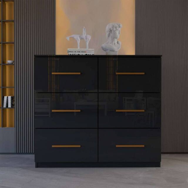MN Furniture High Gloss Chest of Drawers 3+3 Storage Unit with Handles Black - image 1