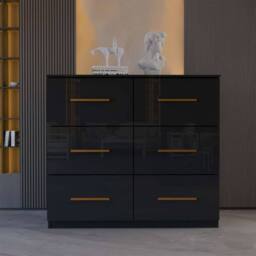 MN Furniture High Gloss Chest of Drawers 3+3 Storage Unit with Handles Black - thumbnail 1
