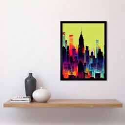 "Artery8 Wall Art Print New York Vibrant Multi Coloured Graphic Design Skyscraper Cityscape Silhouette Art Framed in Black - Size: W12"" x H16""" - thumbnail 2