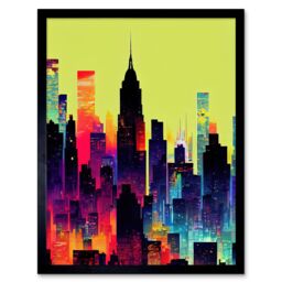 "Artery8 Wall Art Print New York Vibrant Multi Coloured Graphic Design Skyscraper Cityscape Silhouette Art Framed in Black - Size: W12"" x H16""" - thumbnail 1