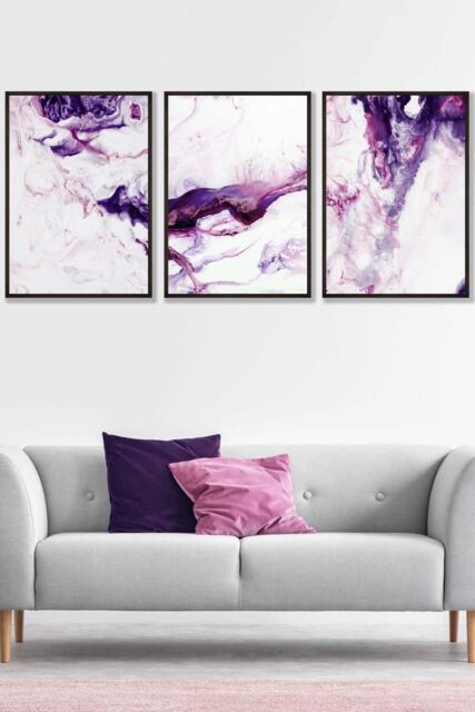 ARTZE Set of 3 Black Framed Purple Pink Abstract Ocean Waves Wall Art - Size: W33 cm x H45 cm x D20mm - image 1