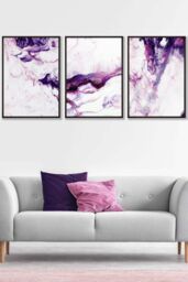 ARTZE Set of 3 Black Framed Purple Pink Abstract Ocean Waves Wall Art - Size: W33 cm x H45 cm x D20mm - thumbnail 1