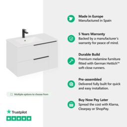 Banyetti Celtic Duo 800mm Wall Hung Vanity Unit with Door & Basin - Gloss White - thumbnail 2