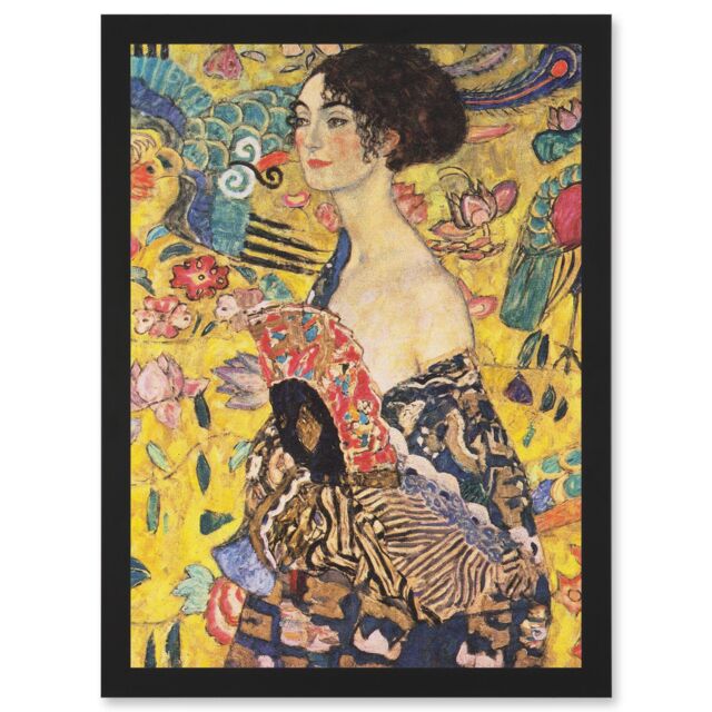Artery8 Gustav Klimt Lady With Fan Painting Artwork Framed Wall Art Print A4 in Black - image 1
