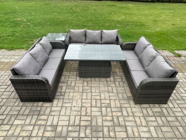 Fimous Patio Garden Dining Set Outdoor Rattan Furniture Lounge Sofa Height Adjustable Rising Table With Side Table in Dark Grey - image 1