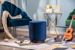 Nordlys Brown Wooden Base Living Room Pouf in Blue - thumbnail 3