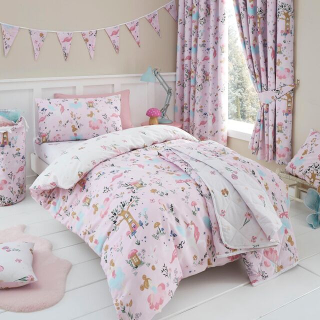 Happy Linen Company Kids Enchanted Forest Unicorn Reversible Duvet Cover Bedding Set in Pink - Size: Double - image 1