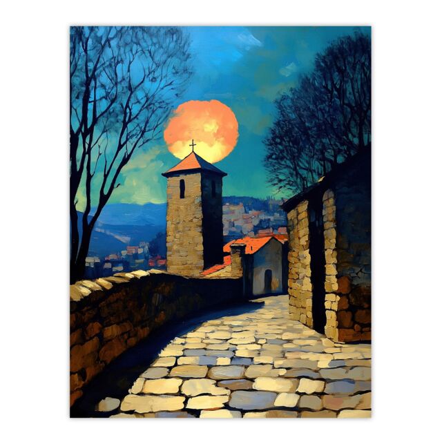 "Artery8 Sunset Sun Over Medieval Sicily Village Travel Wall Art Print in Blue - Size: W12"" x H16""" - image 1