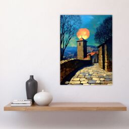 "Artery8 Sunset Sun Over Medieval Sicily Village Travel Wall Art Print in Blue - Size: W12"" x H16""" - thumbnail 4