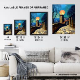 "Artery8 Sunset Sun Over Medieval Sicily Village Travel Wall Art Print in Blue - Size: W12"" x H16""" - thumbnail 3