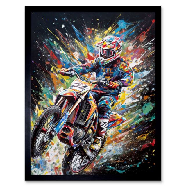 "Artery8 Wall Art Print Motorcycle Motocross Rainbow Paint Splatter Art Framed in Black - Size: W12"" x H16""" - image 1