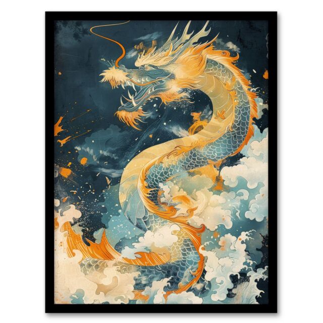 "Artery8 Wall Art Print Japanese Blue Orange Water Dragon Painting Art Framed Poster in Black - Size: W12"" x H16""" - image 1