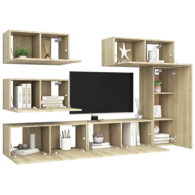 Berkfield Home Modern 6 Piece TV Cabinet Set Sonoma Oak Engineered Wood in Light Oak - image 1