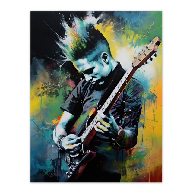 "Artery8 Wall Art Print Punk Music Artwork Blue Yellow Guitarist Playing At Concert Vibrant Portrait Poster - Size: W24"" x H32""" - image 1