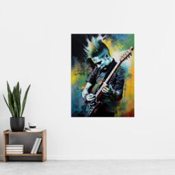 "Artery8 Wall Art Print Punk Music Artwork Blue Yellow Guitarist Playing At Concert Vibrant Portrait Poster - Size: W24"" x H32""" - thumbnail 4