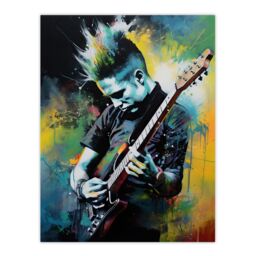 "Artery8 Wall Art Print Punk Music Artwork Blue Yellow Guitarist Playing At Concert Vibrant Portrait Poster - Size: W24"" x H32""" - thumbnail 1