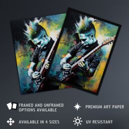 "Artery8 Wall Art Print Punk Music Artwork Blue Yellow Guitarist Playing At Concert Vibrant Portrait Poster - Size: W24"" x H32""" - thumbnail 2