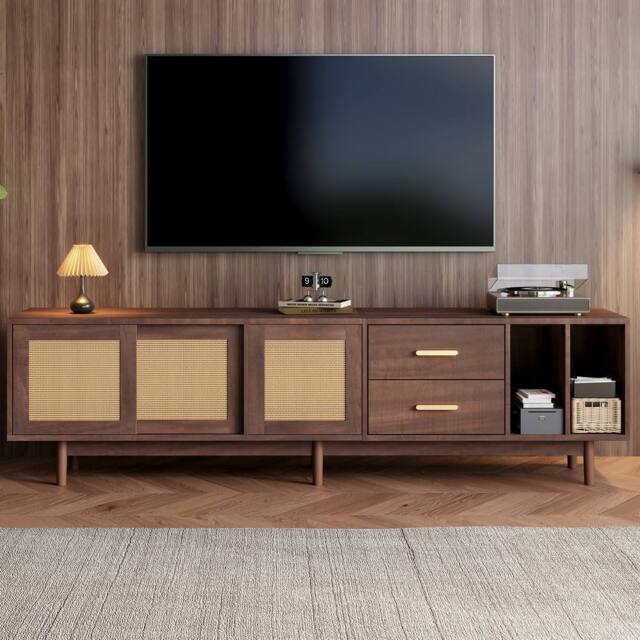 ModernLuxe Modern TV cabinet with 2 drawers & rattan sliding doors in Dark Brown - image 1