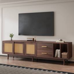 ModernLuxe Modern TV cabinet with 2 drawers & rattan sliding doors in Dark Brown - thumbnail 3