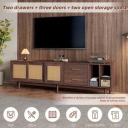ModernLuxe Modern TV cabinet with 2 drawers & rattan sliding doors in Dark Brown - thumbnail 4